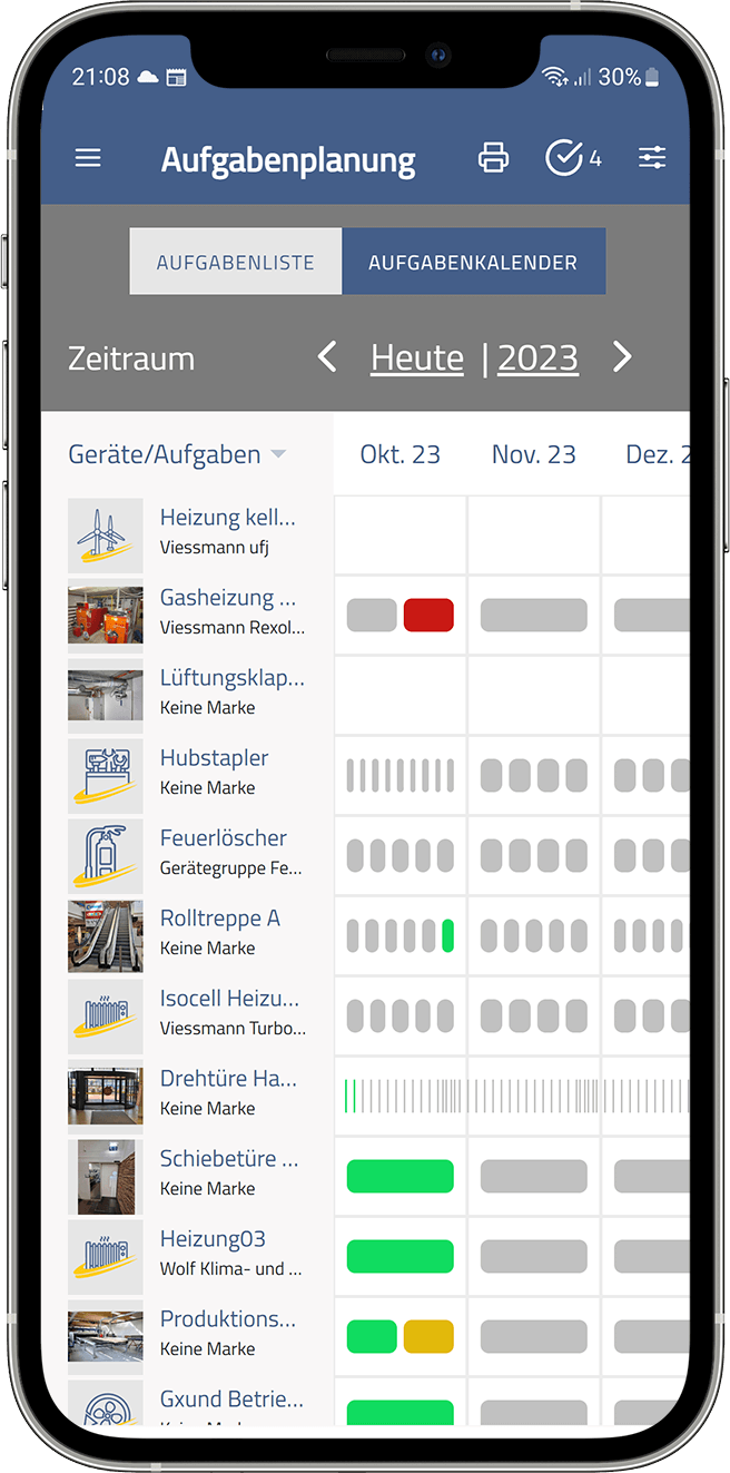 A calendar overview of all maintenance and inspection tasks with color status assignment in the MyBuilding24 app